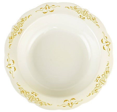 10 Pack 10oz Round Plastic Soup Bowls Bone / Ivory Plastic Plate with Gold Embossed Trim - Decodine