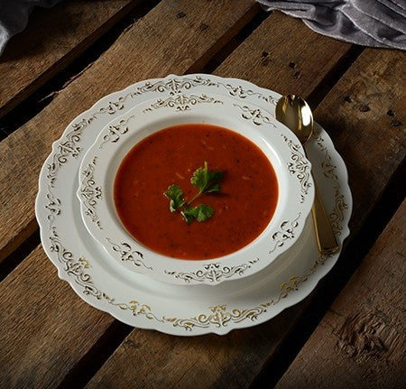 10 Pack 10oz Round Plastic Soup Bowls Bone / Ivory Plastic Plate with Gold Embossed Trim - Decodine