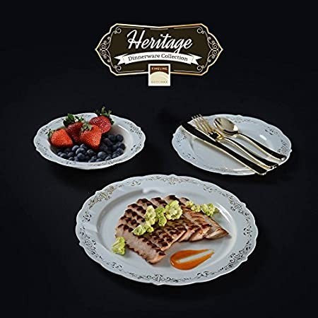 10 Pack 10oz Round Plastic Soup Bowls Bone / Ivory Plastic Plate with Gold Embossed Trim - Decodine