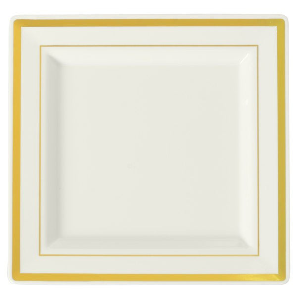 10 Pack 4.5" Square Mini Plastic Dessert Plates - Ivory with Gold Rim - Decodine