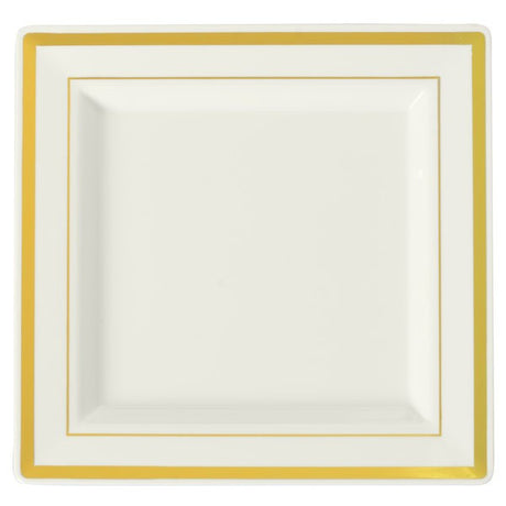 10 Pack 4.5" Square Mini Plastic Dessert Plates - Ivory with Gold Rim - Decodine