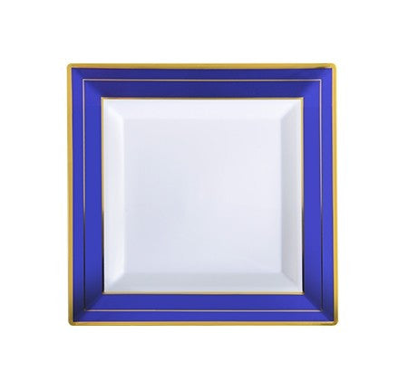 10 Pack 4.5" Square Mini Plastic Dessert Plates - White with Blue and Gold Rim - Decodine