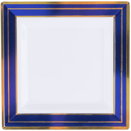 10 Pack 4.5" Square Mini Plastic Dessert Plates - White with Blue and Gold Rim - Decodine