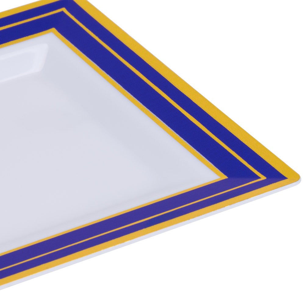 10 Pack 4.5" Square Mini Plastic Dessert Plates - White with Blue and Gold Rim - Decodine