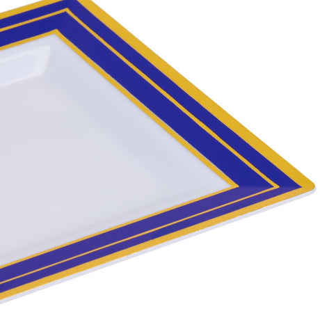 10 Pack 4.5" Square Mini Plastic Dessert Plates - White with Blue and Gold Rim - Decodine