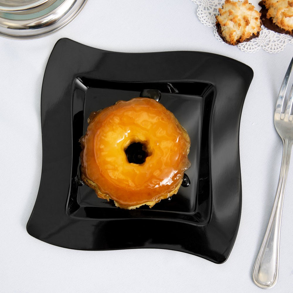10 Pack 6.5" Square Wavy Black Small Plastic Dessert Plates - Decodine