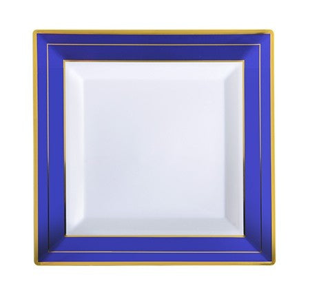10 Pack 7.25 Square Plastic Salad Plates - White with Blue and Gold Rim - Decodine
