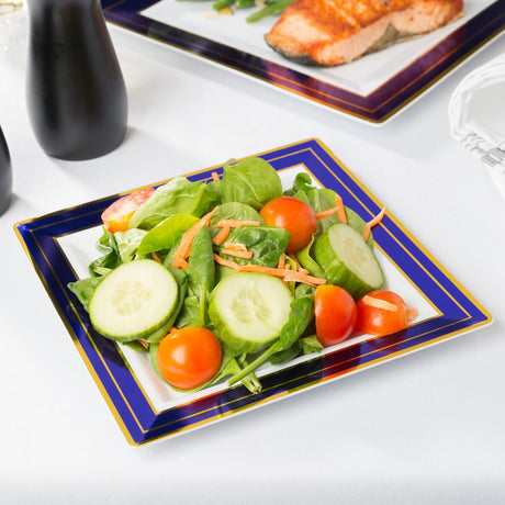 10 Pack 7.25 Square Plastic Salad Plates - White with Blue and Gold Rim - Decodine