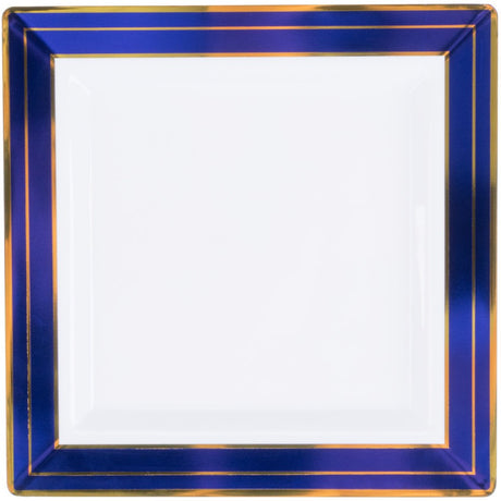 10 Pack 7.25 Square Plastic Salad Plates - White with Blue and Gold Rim - Decodine