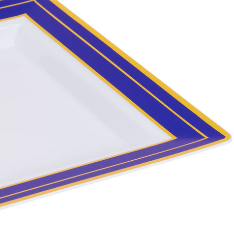 10 Pack 7.25 Square Plastic Salad Plates - White with Blue and Gold Rim - Decodine