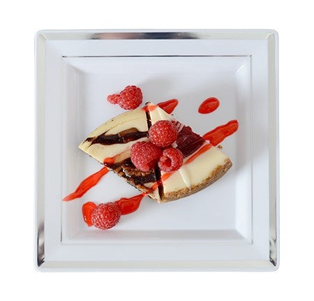 10 Pack 7.25" Square Plastic Salad Plates - White with Silver Rim - Decodine