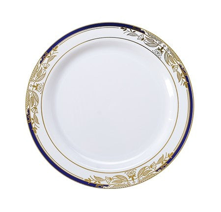 10 Pack 7.5" China-Look Round Hard Plastic Plates - White/Gold/Cobalt Blue - Decodine