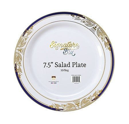 10 Pack 7.5" China-Look Round Hard Plastic Plates - White/Gold/Cobalt Blue - Decodine