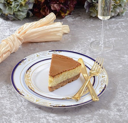 10 Pack 7.5" China-Look Round Hard Plastic Plates - White/Gold/Cobalt Blue - Decodine