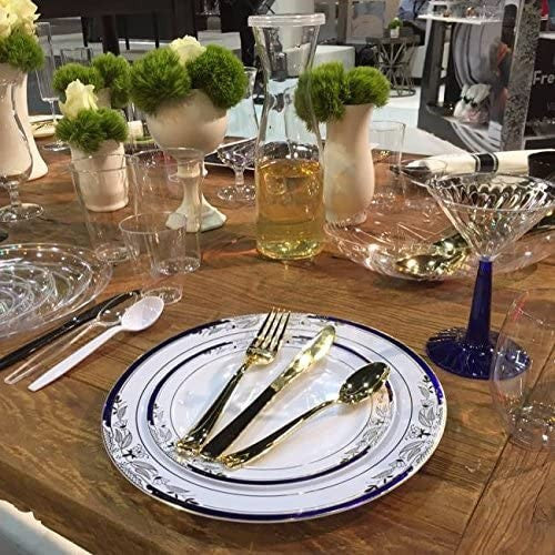 10 Pack 7.5" China-Look Round Hard Plastic Plates - White/Gold/Cobalt Blue - Decodine