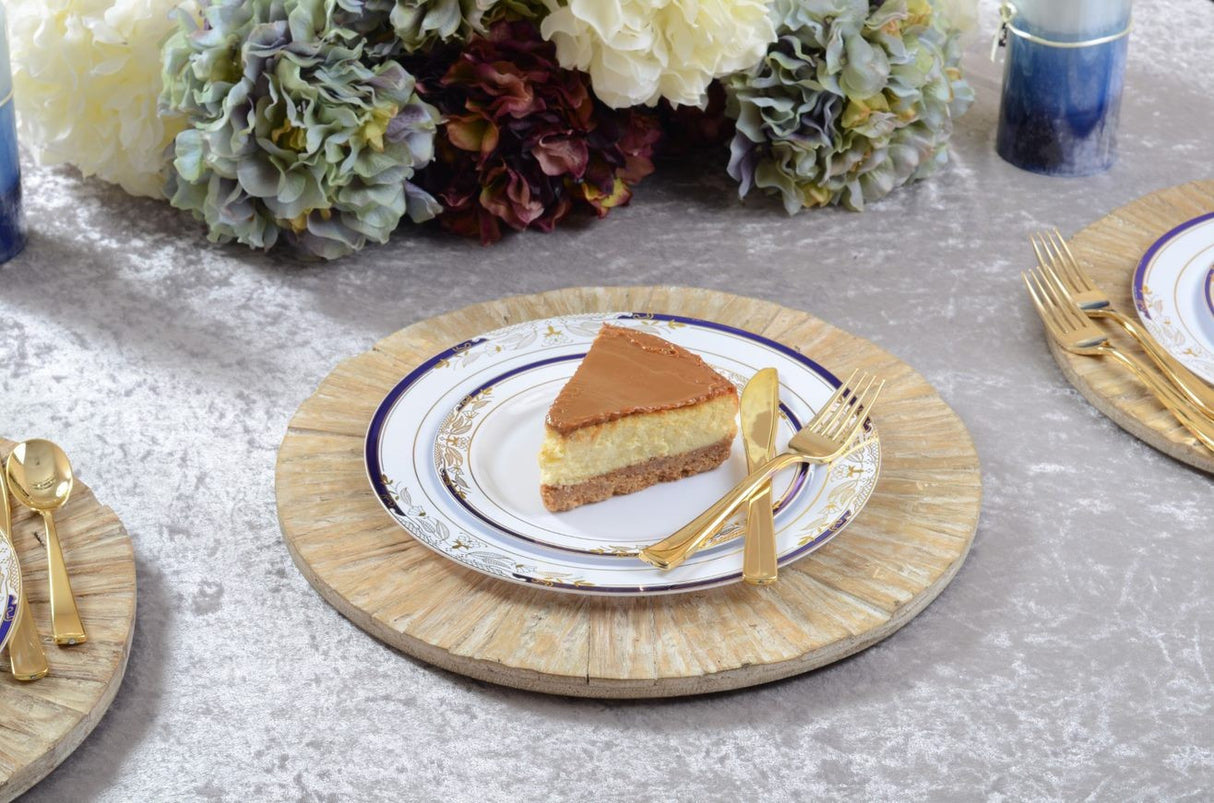 10 Pack 7.5" China-Look Round Hard Plastic Plates - White/Gold/Cobalt Blue - Decodine