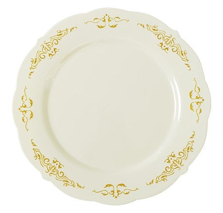 10 Pack 7.5" Round Hard Plastic Plates Bone / Ivory Plastic Plate with Gold Embossed Trim - Decodine