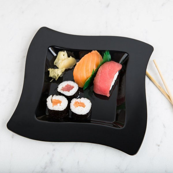 10 Pack 8" Square Wavy Black Plastic Appetizer Plates - Decodine