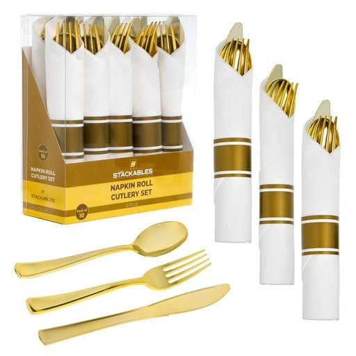 10 Pack Individual Gold Cutlery Sets Rolled In Napkin - Decodine