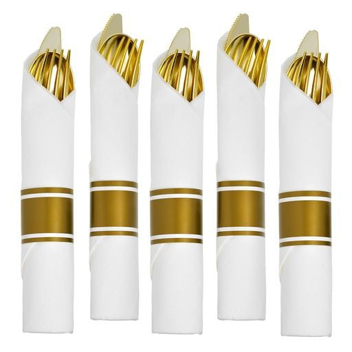 10 Pack Individual Gold Cutlery Sets Rolled In Napkin - Decodine