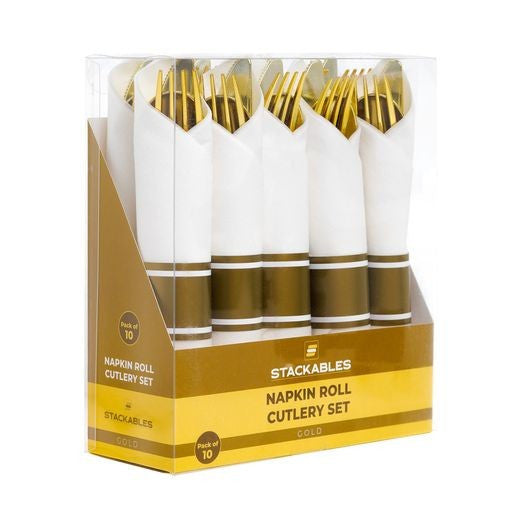10 Pack Individual Gold Cutlery Sets Rolled In Napkin - Decodine
