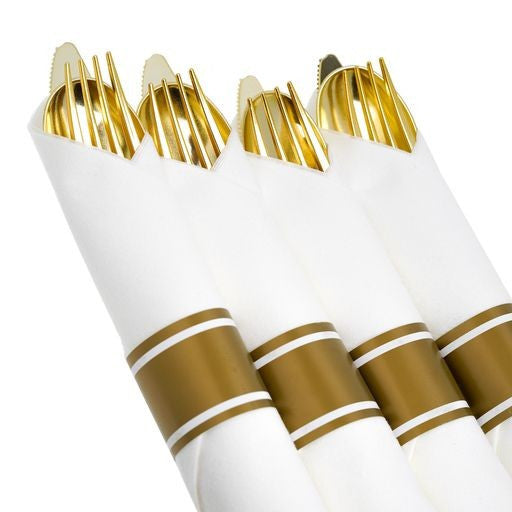 10 Pack Individual Gold Cutlery Sets Rolled In Napkin - Decodine