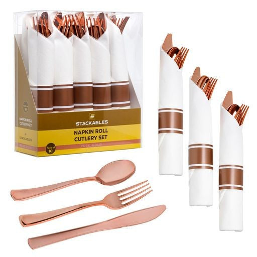 10 Pack Individual Rose Gold Cutlery Sets Rolled In Napkin - Decodine