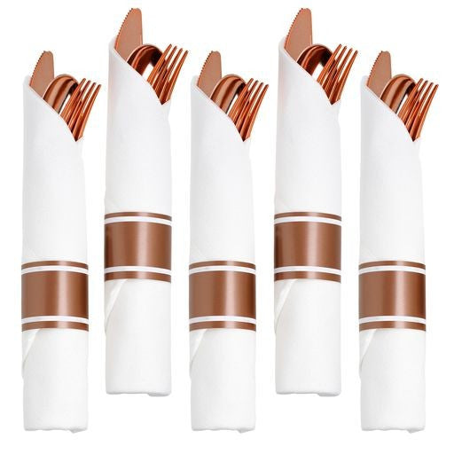 10 Pack Individual Rose Gold Cutlery Sets Rolled In Napkin - Decodine