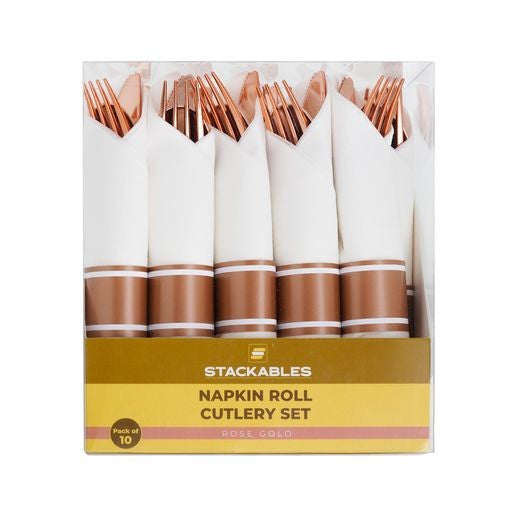 10 Pack Individual Rose Gold Cutlery Sets Rolled In Napkin - Decodine