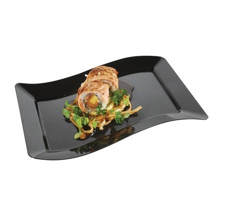 10 Pack Rectangular 6.5" x 10" Wavy Designed Plastic Black Salad Plates - Decodine