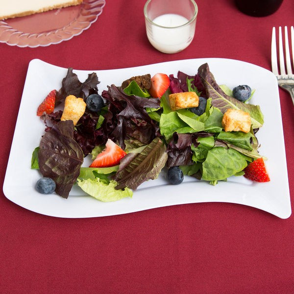 10 Pack Rectangular 6.5" x 10" Wavy Designed Plastic White Salad Plates - Decodine