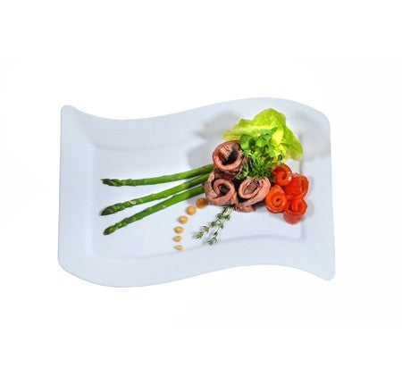 10 Pack Rectangular 7.5" x 12" Wavy Designed Plastic White Luncheon Plates - Decodine