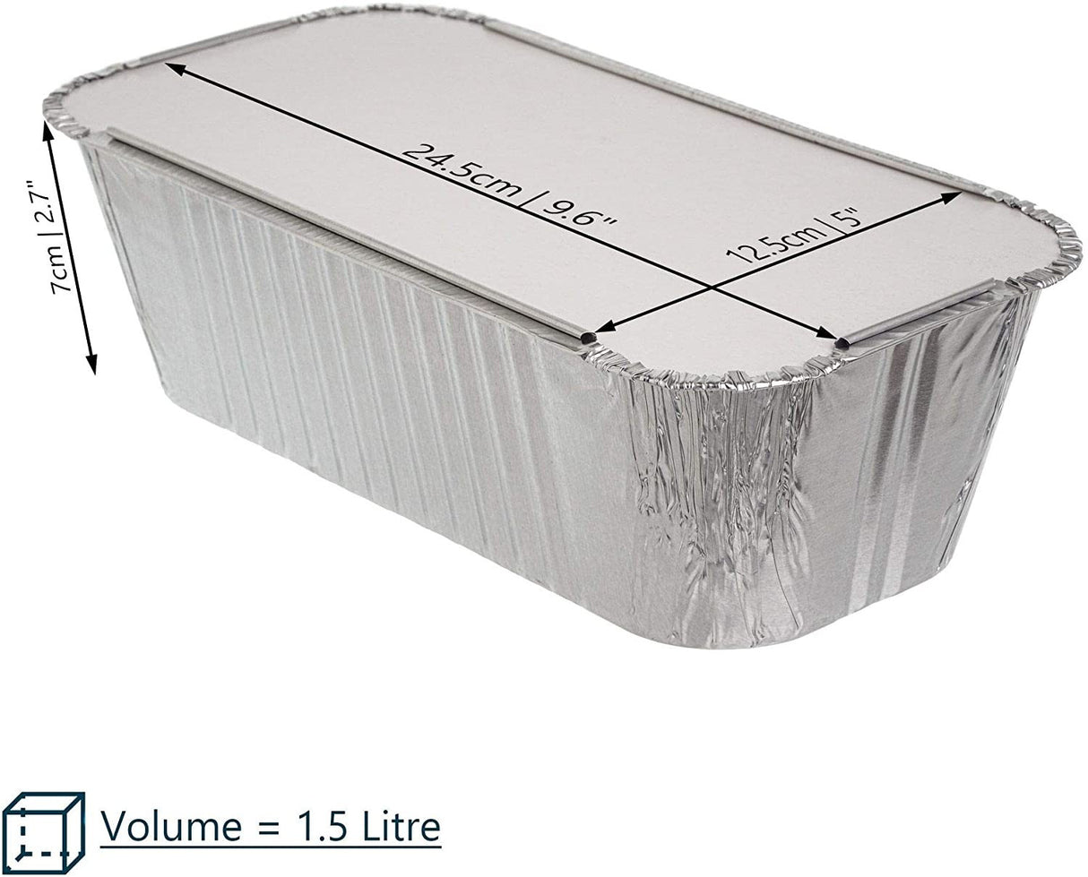 10 Pack Rectangular Large Loaf 1.5 Litre Aluminium Foil Container Trays with Lids - Decodine