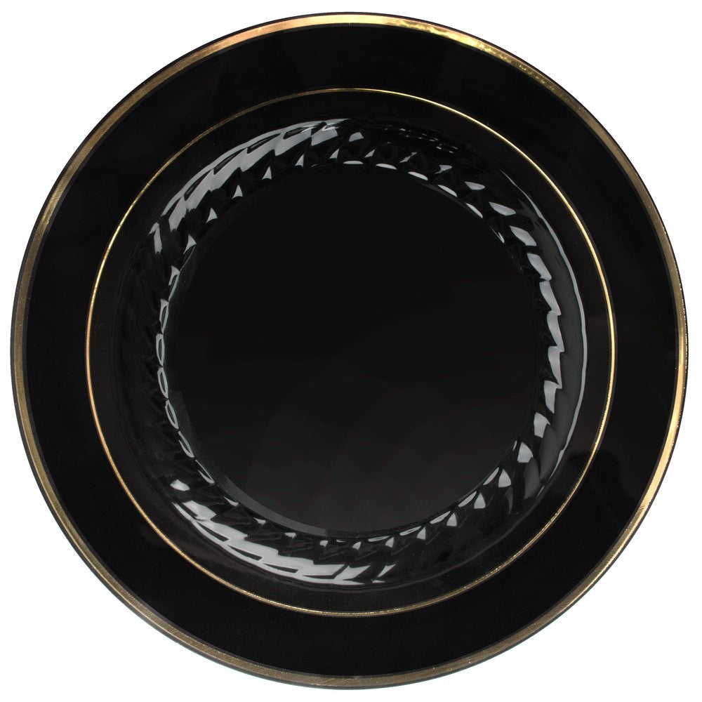 12 Pack 10.25" Round Plastic Dinner Plates - Black with Gold Rim - Decodine