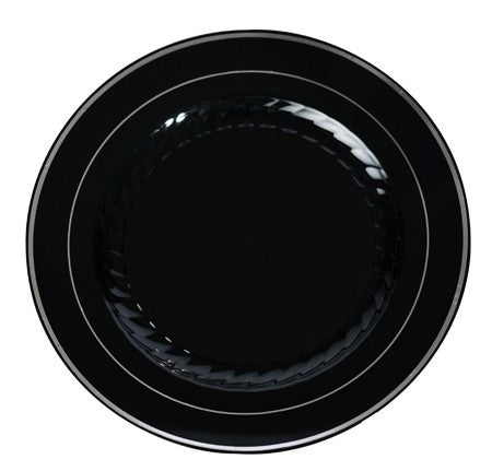 12 Pack 10.25" Round Plastic Dinner Plates - Black with Silver Rim - Decodine