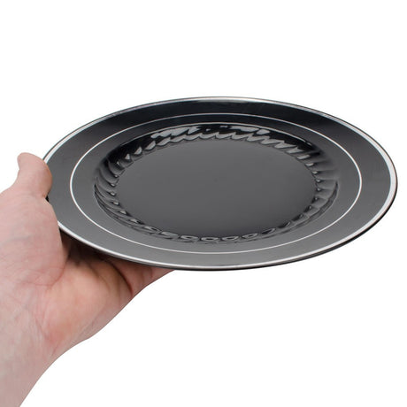 12 Pack 10.25" Round Plastic Dinner Plates - Black with Silver Rim - Decodine