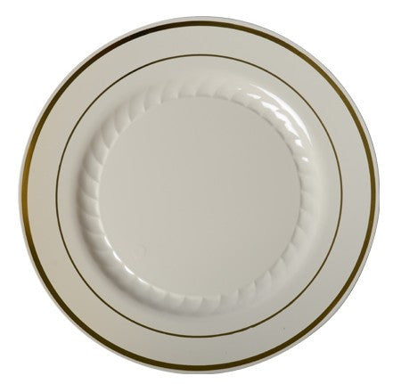 12 Pack 10.25" Round Plastic Dinner Plates - Bone with Gold Rim - Decodine