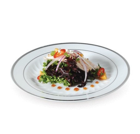 12 Pack 9" Round Plastic Dinner Plates - White with Silver Rim - Decodine