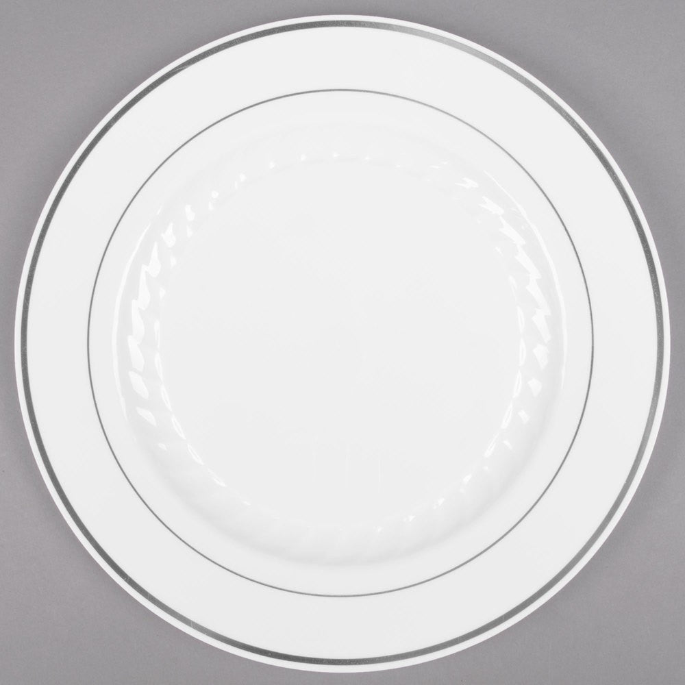 12 Pack 9" Round Plastic Dinner Plates - White with Silver Rim - Decodine