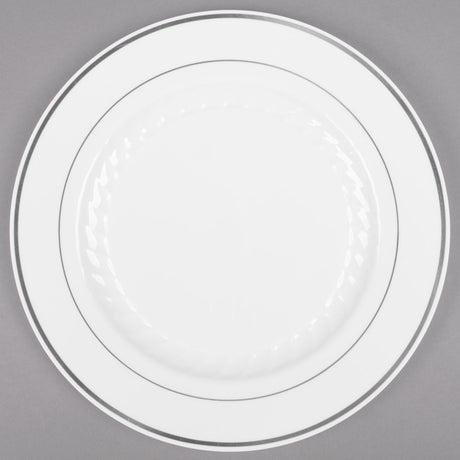 12 Pack 9" Round Plastic Dinner Plates - White with Silver Rim - Decodine