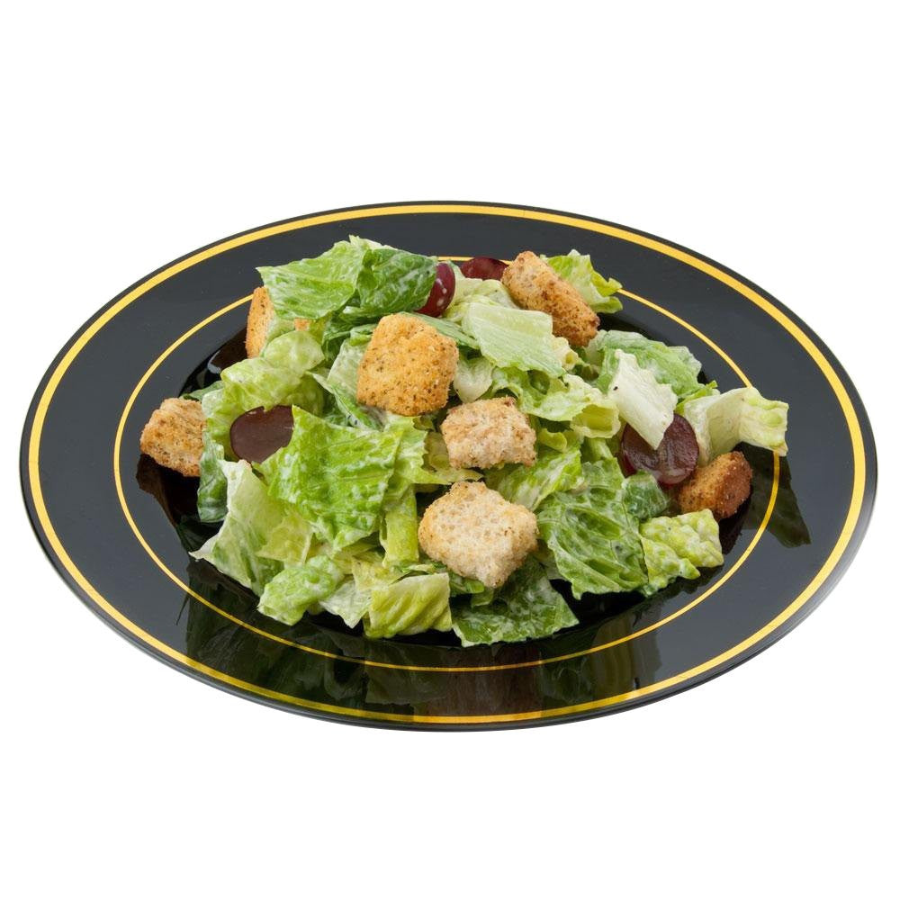 12 Pack 9" Round Plastic Plates - Black with Gold Rim - Decodine