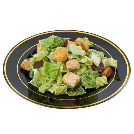 12 Pack 9" Round Plastic Plates - Black with Gold Rim - Decodine
