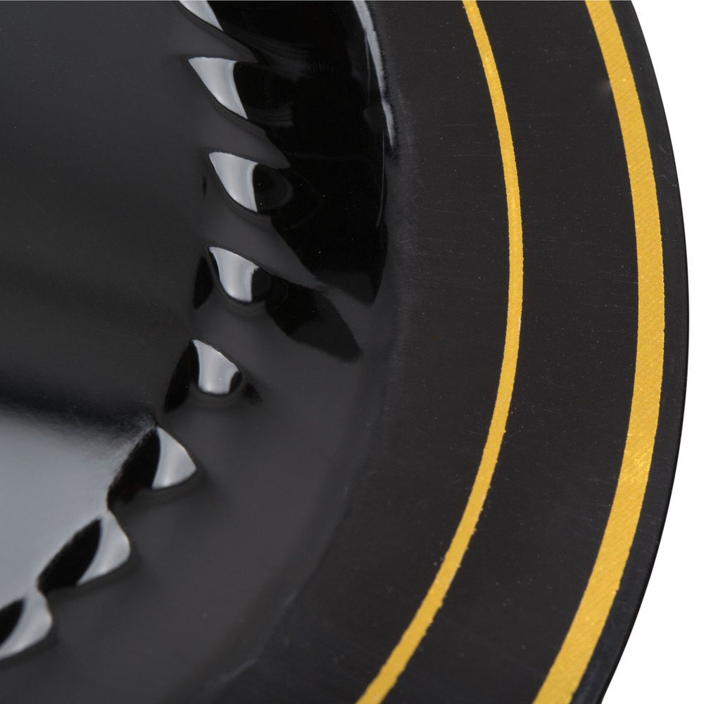 12 Pack 9" Round Plastic Plates - Black with Gold Rim - Decodine