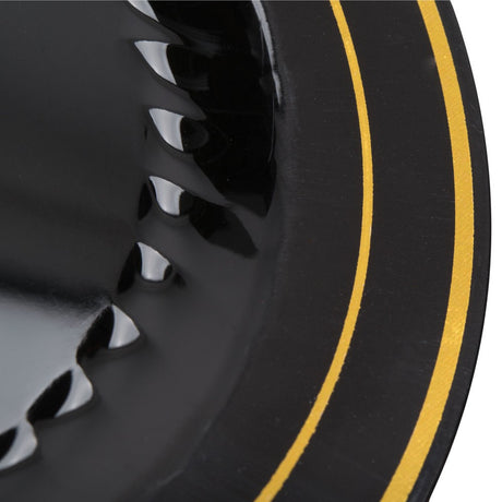 12 Pack 9" Round Plastic Plates - Black with Gold Rim - Decodine