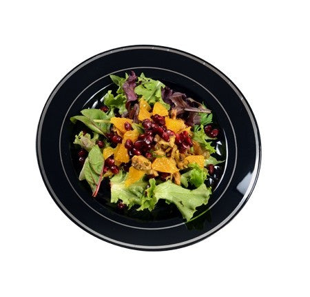 12 Pack 9" Round Plastic Plates - Black with Silver Rim - Decodine