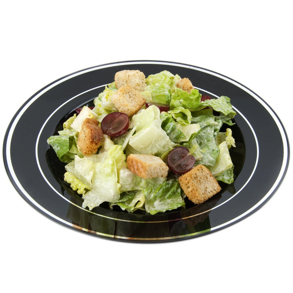 12 Pack 9" Round Plastic Plates - Black with Silver Rim - Decodine