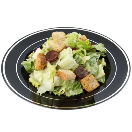 12 Pack 9" Round Plastic Plates - Black with Silver Rim - Decodine