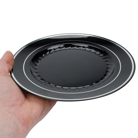 12 Pack 9" Round Plastic Plates - Black with Silver Rim - Decodine