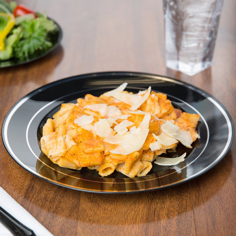 12 Pack 9" Round Plastic Plates - Black with Silver Rim - Decodine