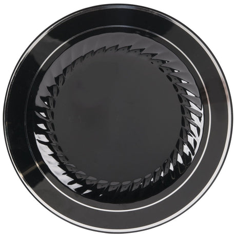 12 Pack 9" Round Plastic Plates - Black with Silver Rim - Decodine